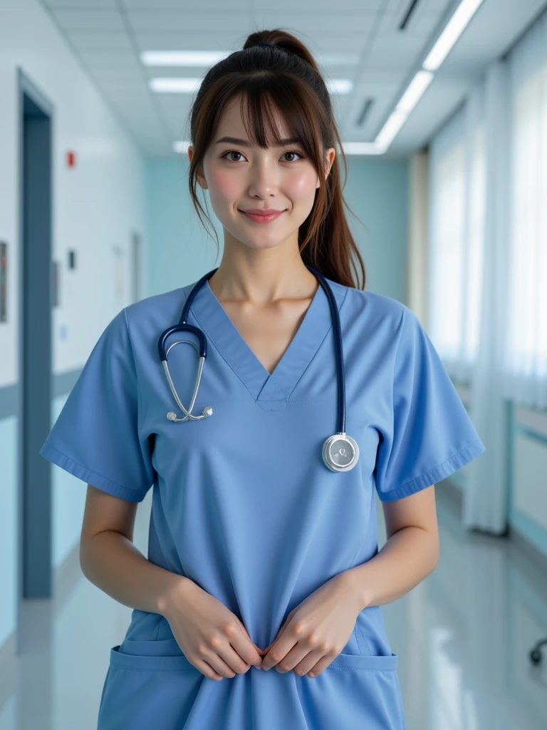 highest quality, shape, Super detailed, small details, High resolution, 8k wallpaper, perfect dynamic composition, beautiful detailed eyes, natural lip, nurse (Male or Female) uniform, medium breasts, random pose, full length, Photo taken at the hospital, smile, Chubby, from below,