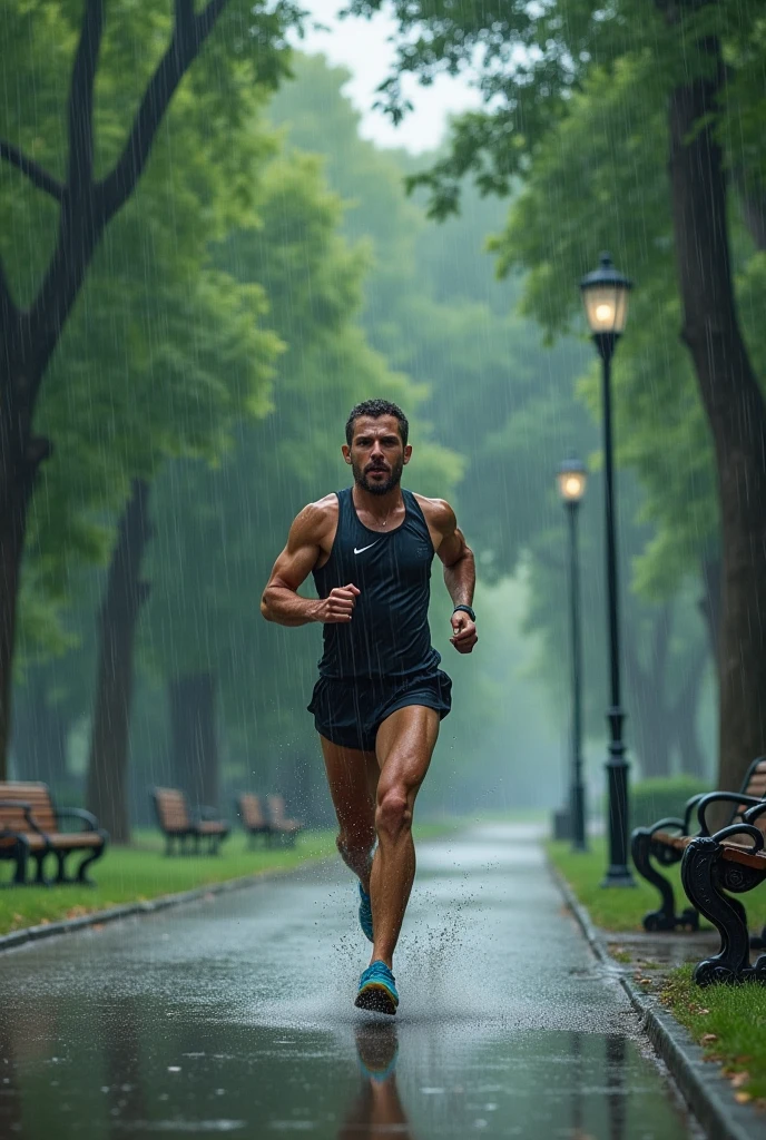 masterpiece, best quality, 1boy, athletic muscular twink, running on sidewalk, sport shorts, trainers, wearing no shirt, wet, rain, realistic, dramatic lighting, atmospheric, intricate detail, ((street background)),
