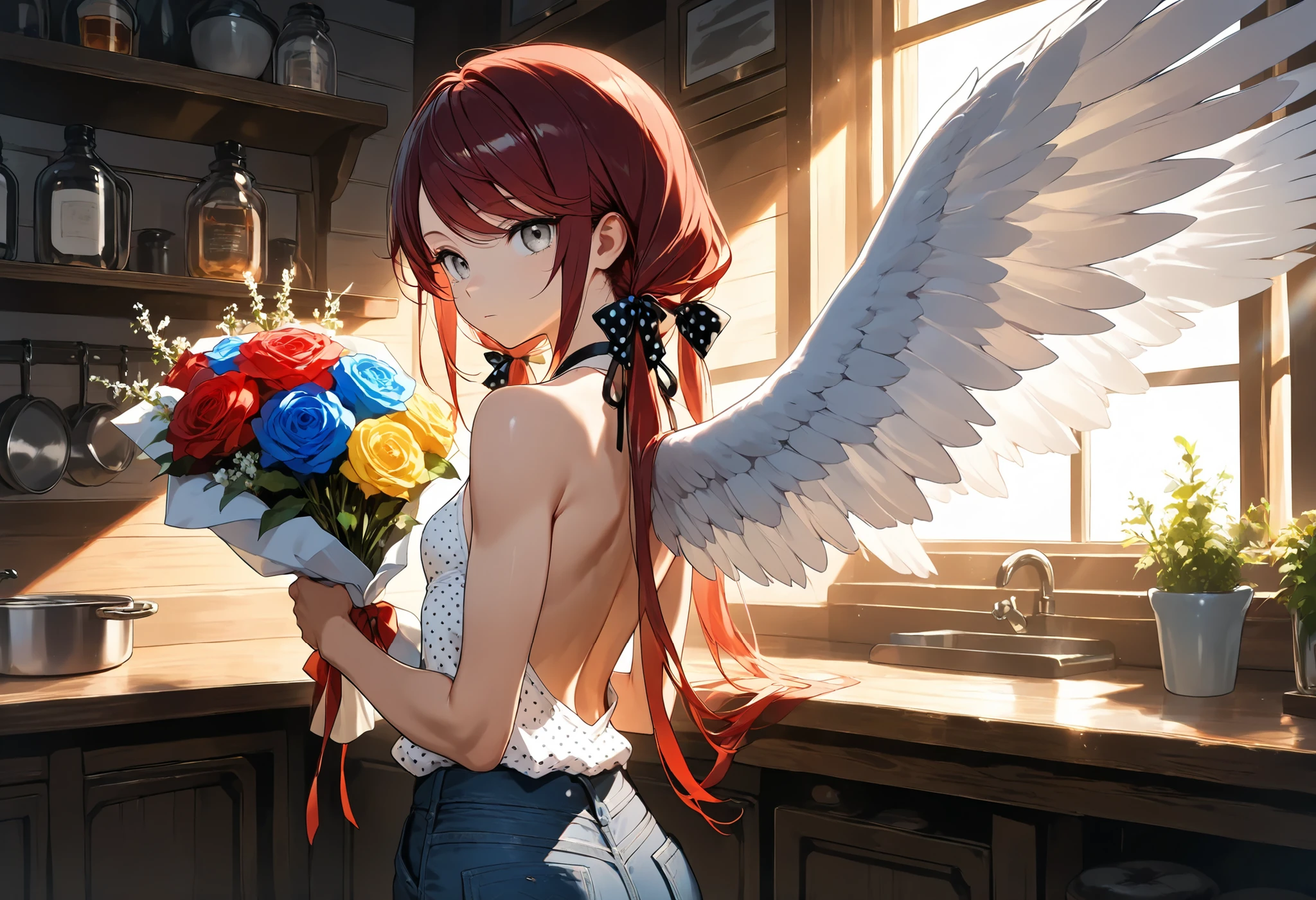 Masterpiece, best quality, intricate details, amazing quality, from behind, expressionless girl, solo, long hair in low twin tails, gray eyes, dark red hair, long swept bangs, angelic wings, upper body, small breasts, toned arms, backless sleeveless halter neck shirt, baggy shirt, blue jeans, hair ribbons, polka dot ribbons, wiping down counter, holding black rag, sparkling clean, wooden shelves, counter, sun rays, wings,white wings, black wings, holding bouquet of colorful roses,