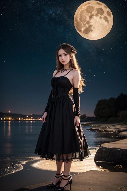 masterpiece, best quality, detailed, 1girl, solo, night sky, outdoors, full moon, stars, clouds, night,,  dark sakura, (black dress), long hair, evil smile, red ribbon, striped, thighs