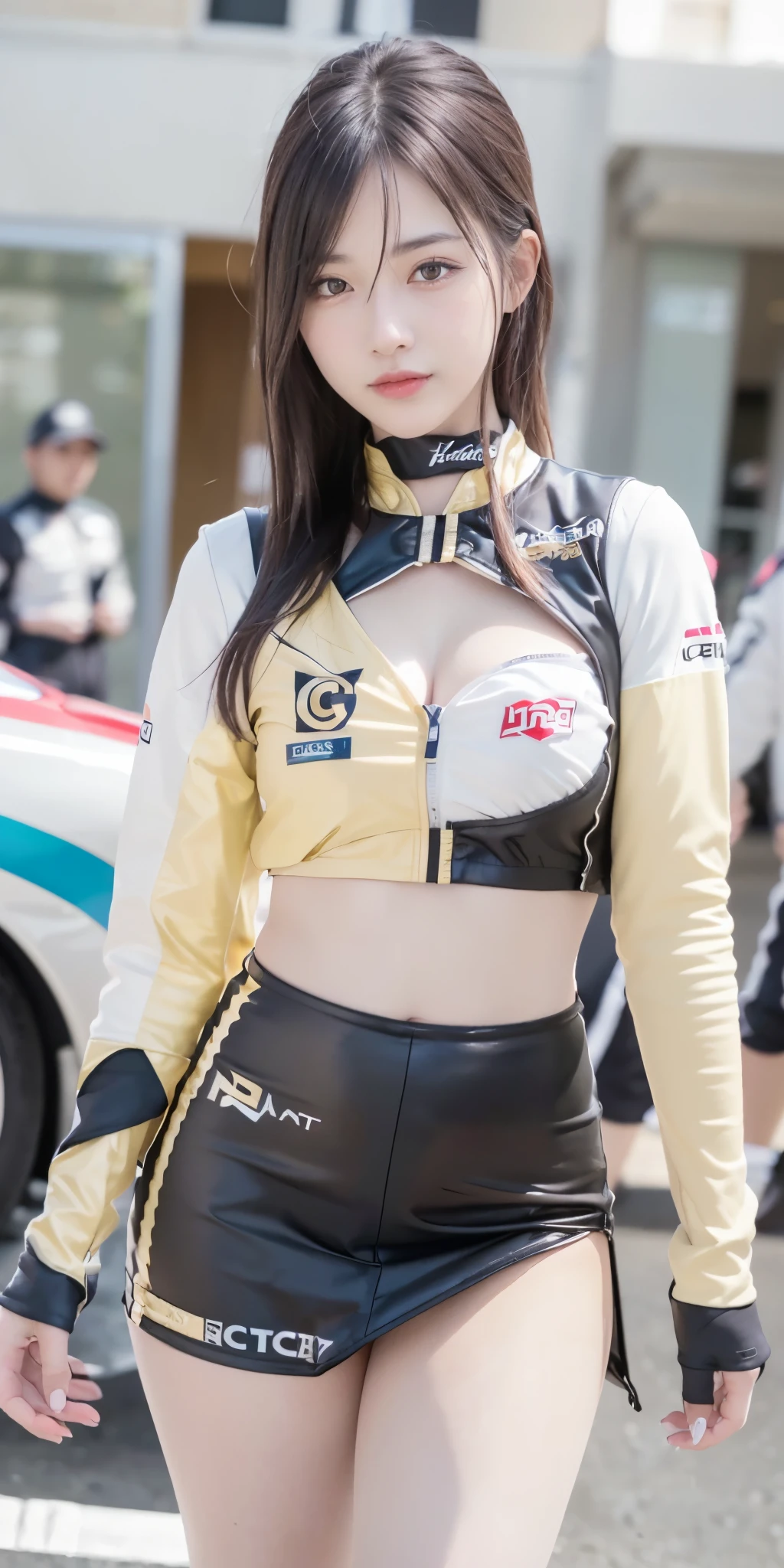 Super detailed photos、Detailed face、Lip gloss、Cool woman、Colorful costumes、F1 Driver Cosplay、Colorful costumes、Clothing with company logo、Grid Girlsのカラフルで派手な衣装、Grid Girls、Perfect Face、Paddock Girls、Harem、motor Show、tights、Bodycon Costumes、Grid Girls、Russia、Grid Girlsのコスプレ、belly button、Pleated skirt、Bodycon Costumes、Legs open pose、Spread your legs to show your crotch