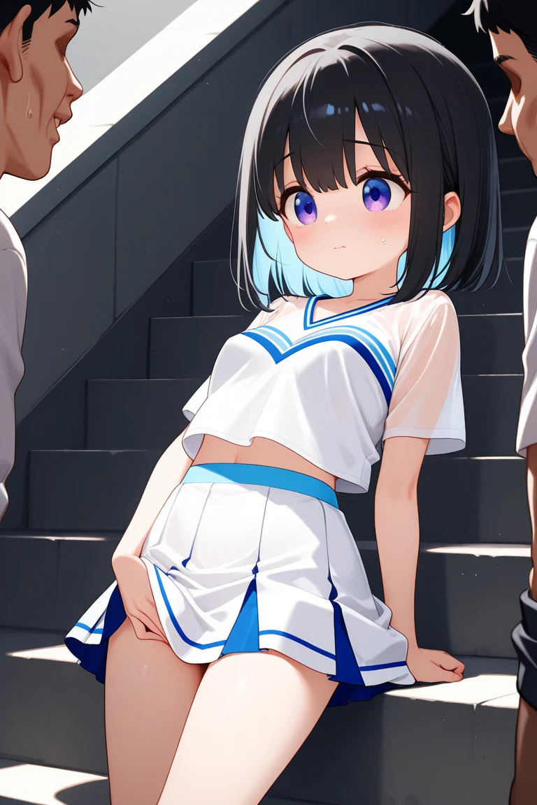 blue eyes, wearing long plain white shirt, high res, ultrasharp, masterpiece, wet shirt, black short hair, pussy, crowd not notice visible to viewer, mysterious smile, secretly having sex in front of others, tiny girl, very close to other people, promenade