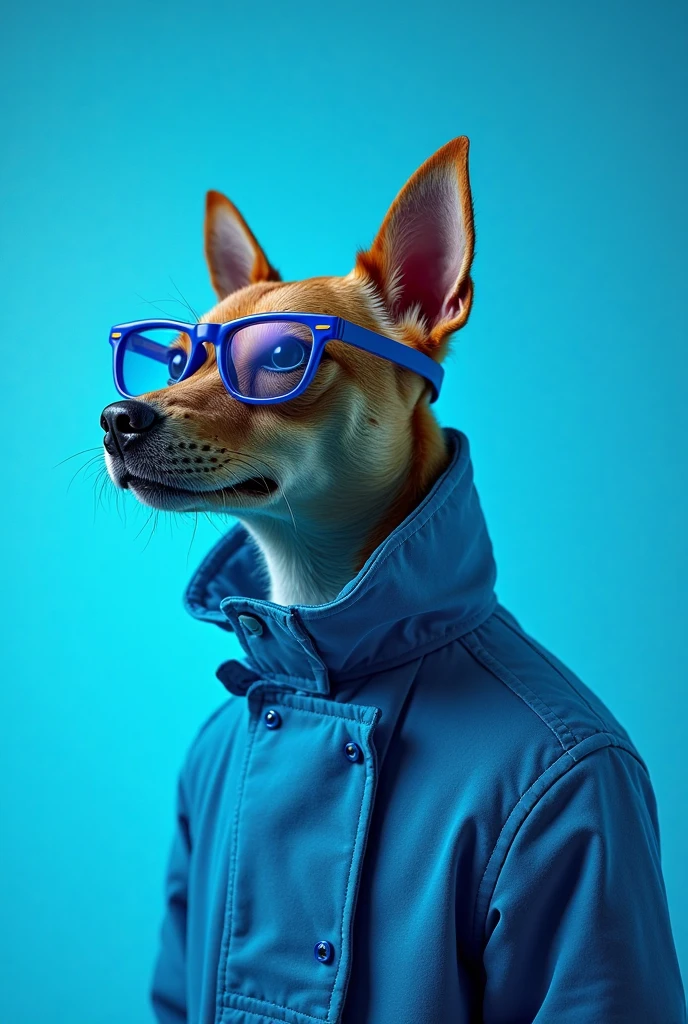 The best wallpaper for mobile phones, award-winning wallpaper, portrait photograph, in the front view is a portrait of a cute dog in fashion from the space age of the mid-60s,  profile picture, taken with Canon EOS R5, establish a strong contrast that accentuates the subject, fluorescent blue tone, wearing a very modern coat and glasses in a 60's style,  clothes in one color, beautiful background