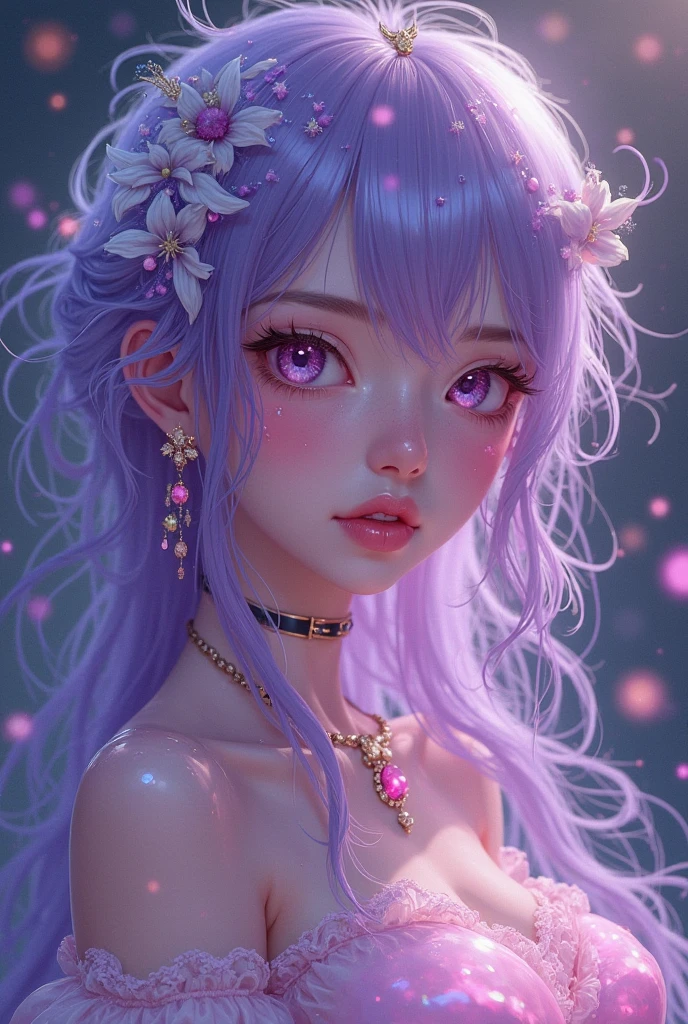 (8k, Highest quality, masterpiece:1.2),(Highest quality:1.0), (Ultra-high resolution:1.0), watercolor, Beautiful woman, shoulder, Hair Ribbon, Agnes Cecil、Light purple hair color、Eyes the same color as hair, Half Body Portrait, Very bright and luminous design, pastel colour, (ink:1.3), Autumn Light,