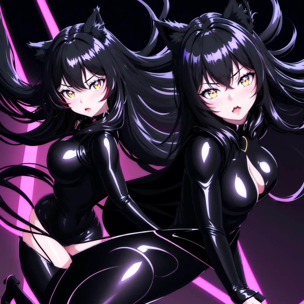 make an image with the style of boku no hero:  a woman with a perfect toned and curvy body, with cat ears and a cat tail with black colors, huge black hair, eyes pink on short, tight black latex outfit, with an expression like a wicked cat and she is a morning.