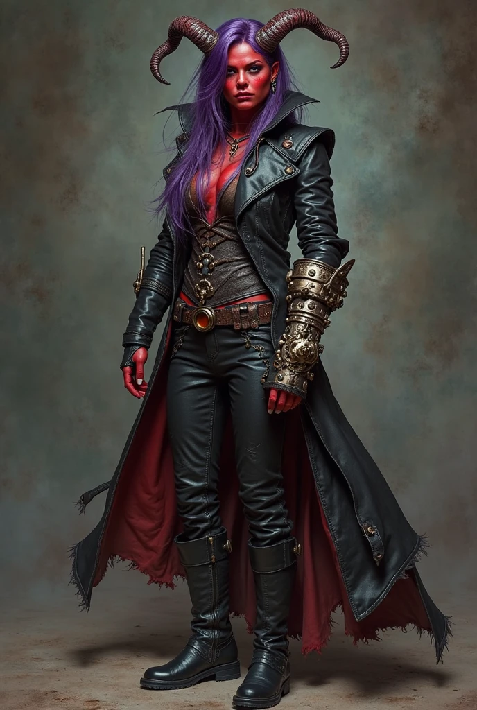 Illustrating Marionne, the demon huntress, She has long wavy lilac violet hair and gray eyesclad in a form-fitting black leather outfit, comprising a wine leather trench coat, a snug red corset embellished with belts and chains, coordinated pants, long leather boots for added defense and a gothic flair, wielding a large sword with a skull-adorned guard and a realistically styled hilt, against a dark backdrop to enhance the mysterious aura, Illustration