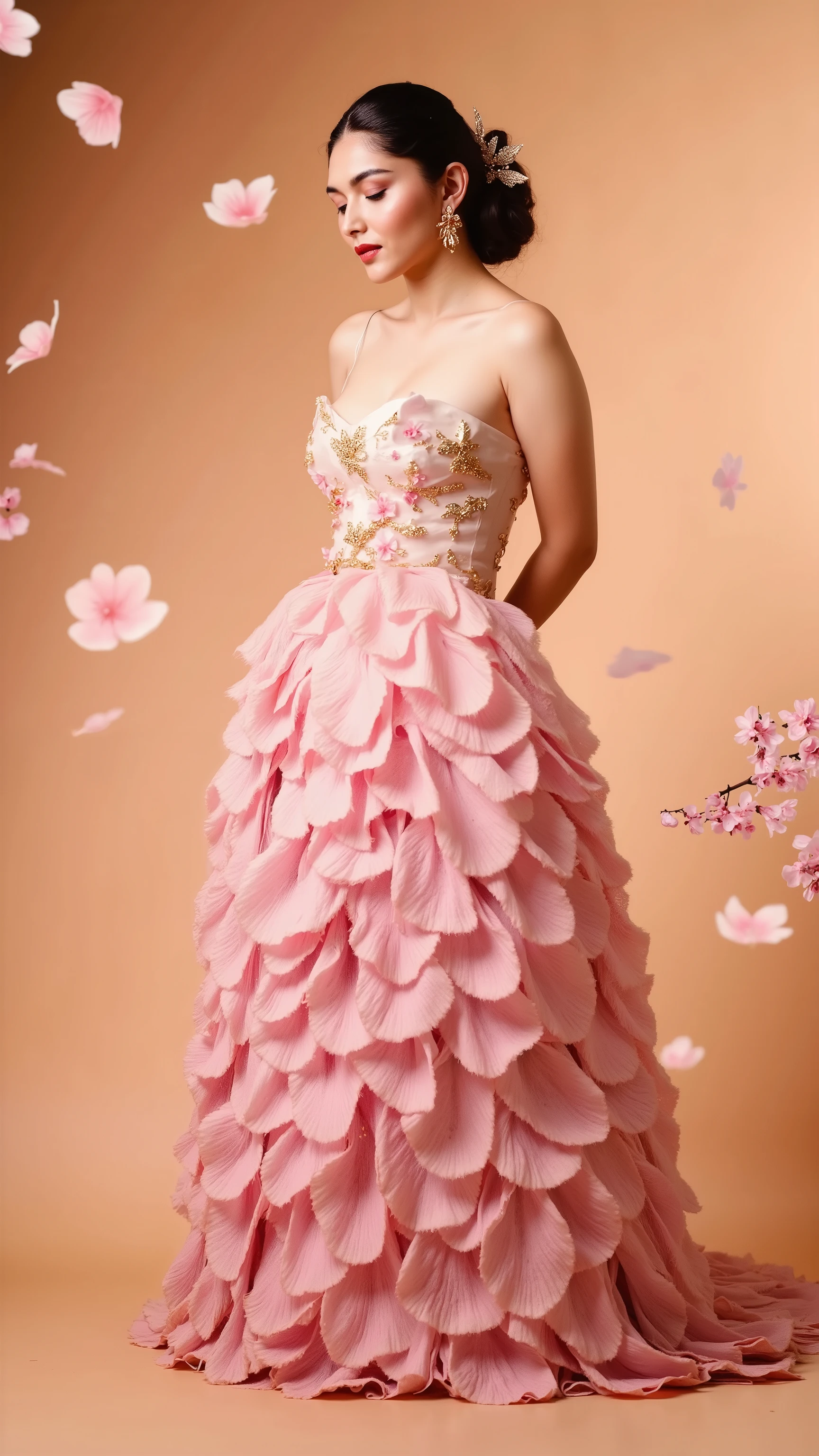 surreal fashion portrait of a graceful empress-like woman standing tall in a magnificent avant-garde gown entirely made of oversized cherry blossom petals, each petal shaped with velvet-like softness and sculpted curves, layered into a cascading silhouette that extends to the ground like a royal train; soft pink, ivory, and gold hues blend throughout the petal-dress, glistening with morning dew. Her hair is styled in an elegant updo adorned with delicate golden sakura branches, and she wears subtle traditional Japanese makeup with a serene, confident gaze. The background is a warm gradient from soft sunrise orange to pastel pink, with cherry blossom petals suspended in the air, gently glowing in the light. The lighting is soft and ambient, with golden highlights catching the textures of the blossoms. 9