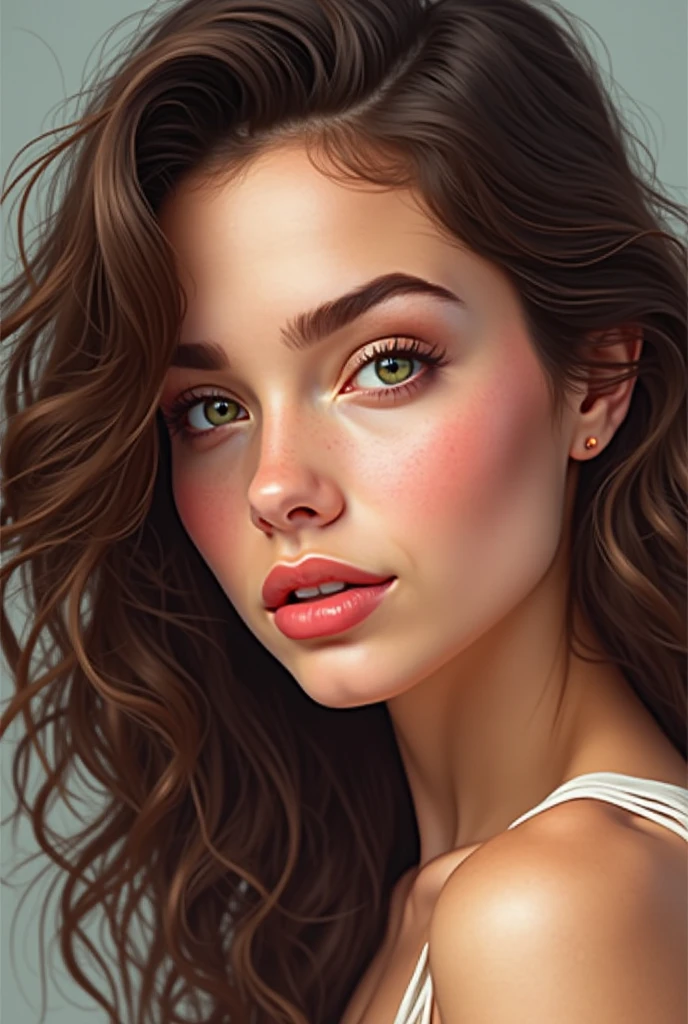A 22-year-old young woman, dark brown and wavy reddish hair, piercing green eyes, she is walking backwards in a public square, wearing a low-cut white blouse, a short blue flared skirt, she looks back slightly without realizing that she is being watched, the slow motion lifts her skirt revealing her hips, detailed facial features, detailed human anatomy, high quality, photo realistic, 8k, hyper detailed, perfect lighting, cinematic composition, elegant, beautiful, graceful, seductive, attractive, captivating, full body shot,