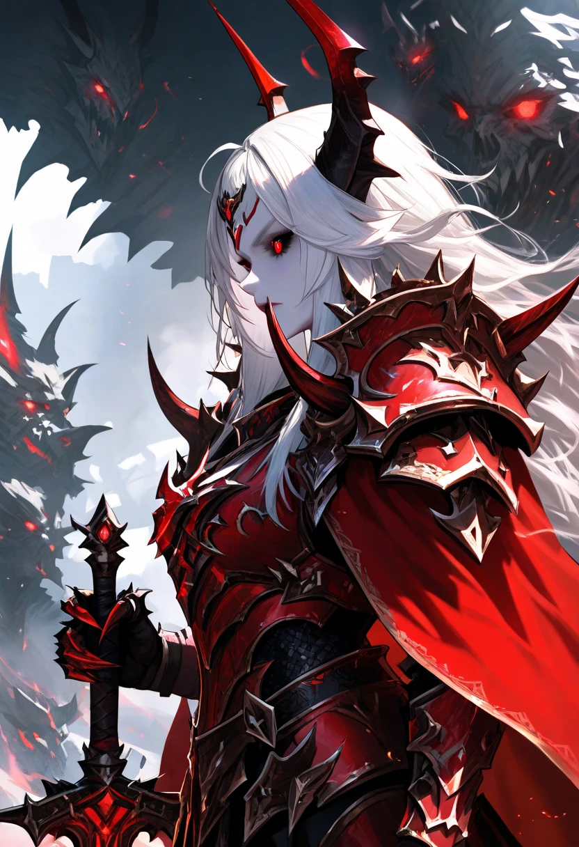 young man with long hair,white hair,red eyes,(oval face) Cold person (Triangular shaped head)Wearing black knight armor all over.,Ride the black dragon (The backdrop is a medieval European style city.