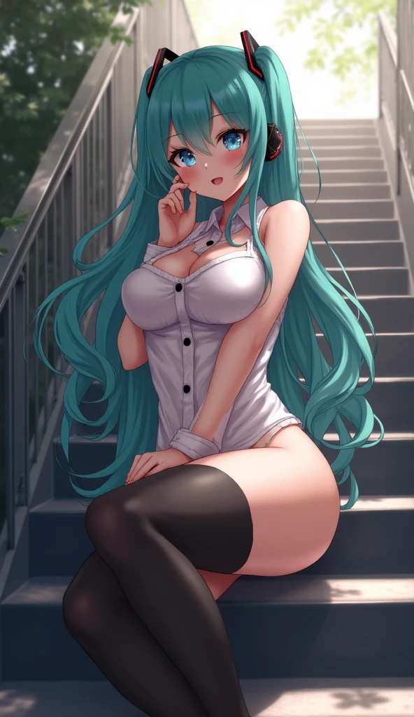 (masterpiece,Super detailed,In 8K,Best Composition,Rim Light,Photorealistic,Dynamic Shot:1.5),View from below,alone,(Hatsune Miku,Light blue twin tails:1.3),Close one eye,Wink,Beautiful attention to detail,Looking into the camera,Mischievous Smile,Smooth, lustrous skin,big ,(Sitting on a school desk with legs spread wide,Put your index finger over your mouth,The other hand is in the cleavage:1.5),((Metallic latex micro bikini)),Cute bangles,Dazzling Sunset,Backlight,In the school classroom,Particles of light, A sight no one should see,Confidential