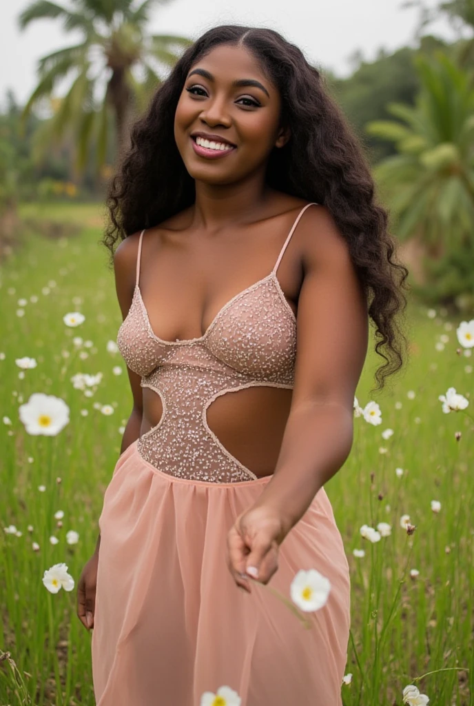 Beautiful Jamaican girl dressed in spring clothes and smiling sexy