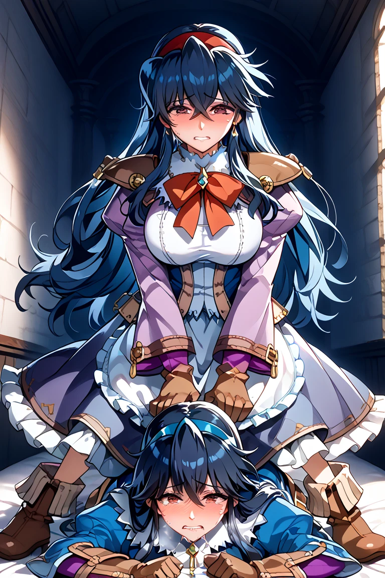 one girl on her back , solo , masterpiece , Best Quality , uncensored , Anastasia Lun Valeria , Wild Arms , (((dark blue hair))) , long hair , Lady of the Sword , Shoulder Armor , Long sleeves ,  sleeve garter  , Wide sleeves , gloves , 茶色のgloves , long skirt , purple skirt over eyes , ruffle skirt , fold-over boots , ((淡い紫色の dress)) , ((pale purple sleeve)) ,  dress , white apron , red hair band , Teardrop , exposes her chest , Half naked , Sexual Behavior , normal , Riding Position , doggy style from mi , Big Breasts , ejaculate , cries ,  toro face , is shy , sensitive , red eyes ,  beauty , beautiful , older sister , cover , Embarrassing , thighs , sex , rapes ,  Rape , staring over here