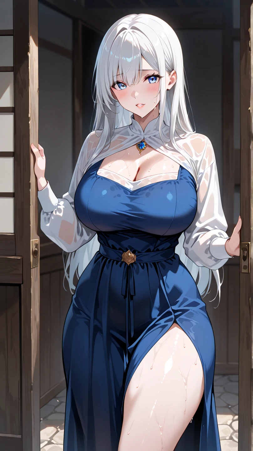 a 45 year old woman , (work of art:1.2), best qualityer, high resolution, unity wallpaper 8k, perfect lighting, extremely detailed CG, (perfect hands, Perfect Anatomia), 1 girl, St. Louis, (Silver dress:1.1), (clothes open:1.1), hair blue, (trunk:1.35), gigantic breastss, へそ, arms behind the head, necklase, Cauda lateral, Gorgeous bedroom