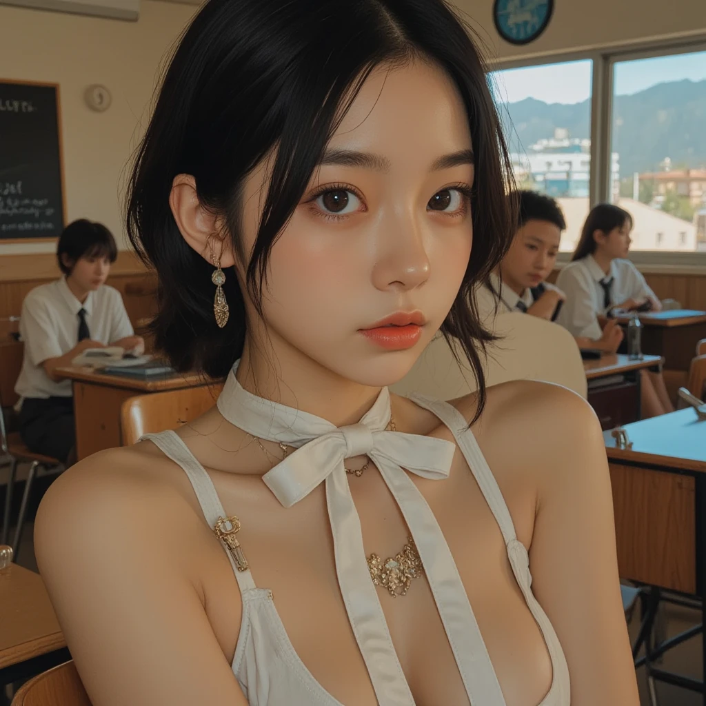 Down blouse, 15 year old female student , munechira,(((Small breasts))),Flat Chest ,avert your eyes, Bend your body , From above , Long skirt, close, necklace ,In the classroom, Detailed Bra Overlap T-Shirt, short hair,8k, highest quality, masterpiece, Ultra-high resolution, (realism: 1.4), Original photo, (Real skin texture: 1.3)、Headbands with red ribbons