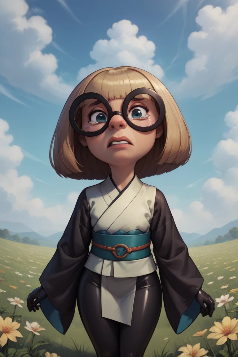 Edna mod. front view,  thoracic.  latex,  baby bodysuit , curvy hips, большой , giant ass , hair with locks,  eyeshadow, huge ,  baby bodysuit , on a flower field,  glove belt, duration, curved body, kimono, open clothes , short joint, short stature, tearing clothes, tears his clothes