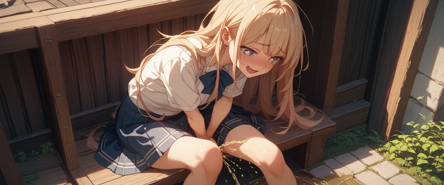 girl, blonde hair, bottomless, pussy, no panties, sweat, sweatdrop, wet clothes, white shirt, midriff, pussy juice, squirting, pussy juice puddle, pussy juice string, bare legs, slim, full body, barefoot, thigh strap, orgasm, small breasts, sitting on a chair, beautiful background, school rooftop, sunset