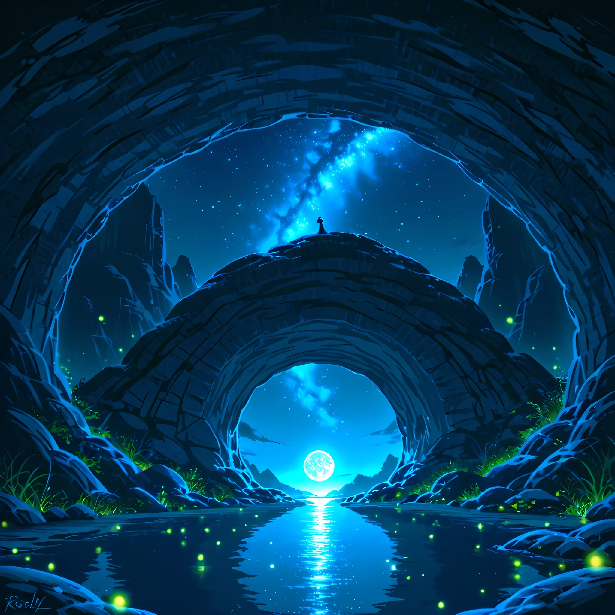 ((woman behind rock with opening in center, a natural pool in the cave, a large rock with a hole in the center overlooking the moon, the moon being observed through the hole in the rock, starry night)), ((a woman being observed through the hole in the rock, a woman resembling a mermaid)), ((richly detailed scenery, better shading, better sharpness, better contrast, fireflies flying, full HD, richly detailed animals, balanced lighting, perfectly detailed scenery, better image quality, full HD, fantasy anime style):1.2) | ((side angle)).
