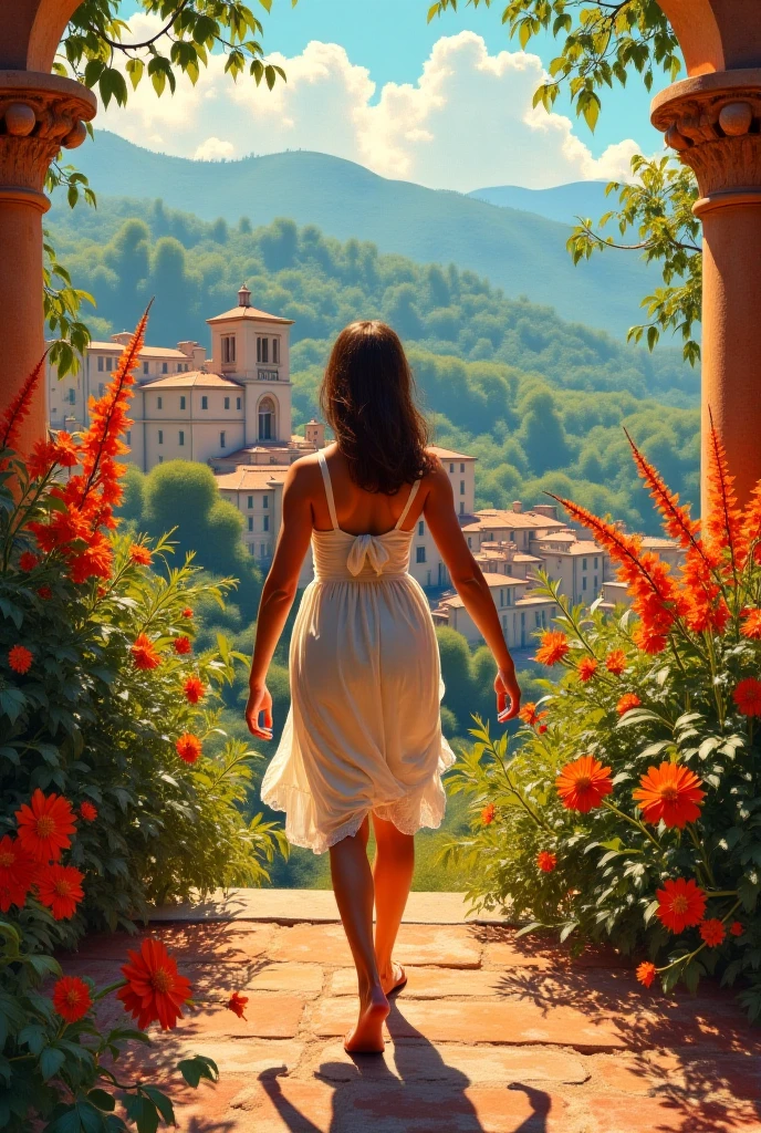 A hyper-realistic fashion photograph ccaptured from a low angle whit perspective from the woman's ass. She is on a rooftop covered in flowers and plant, she is naked and lying face down. The camera captures her from behind, focusing on the dynamic lines of her body as she lifts her lower half. The composition highlights the contrast between her grounded upper body and the raised curve of her hips, creating a visually striking and elegant pose.