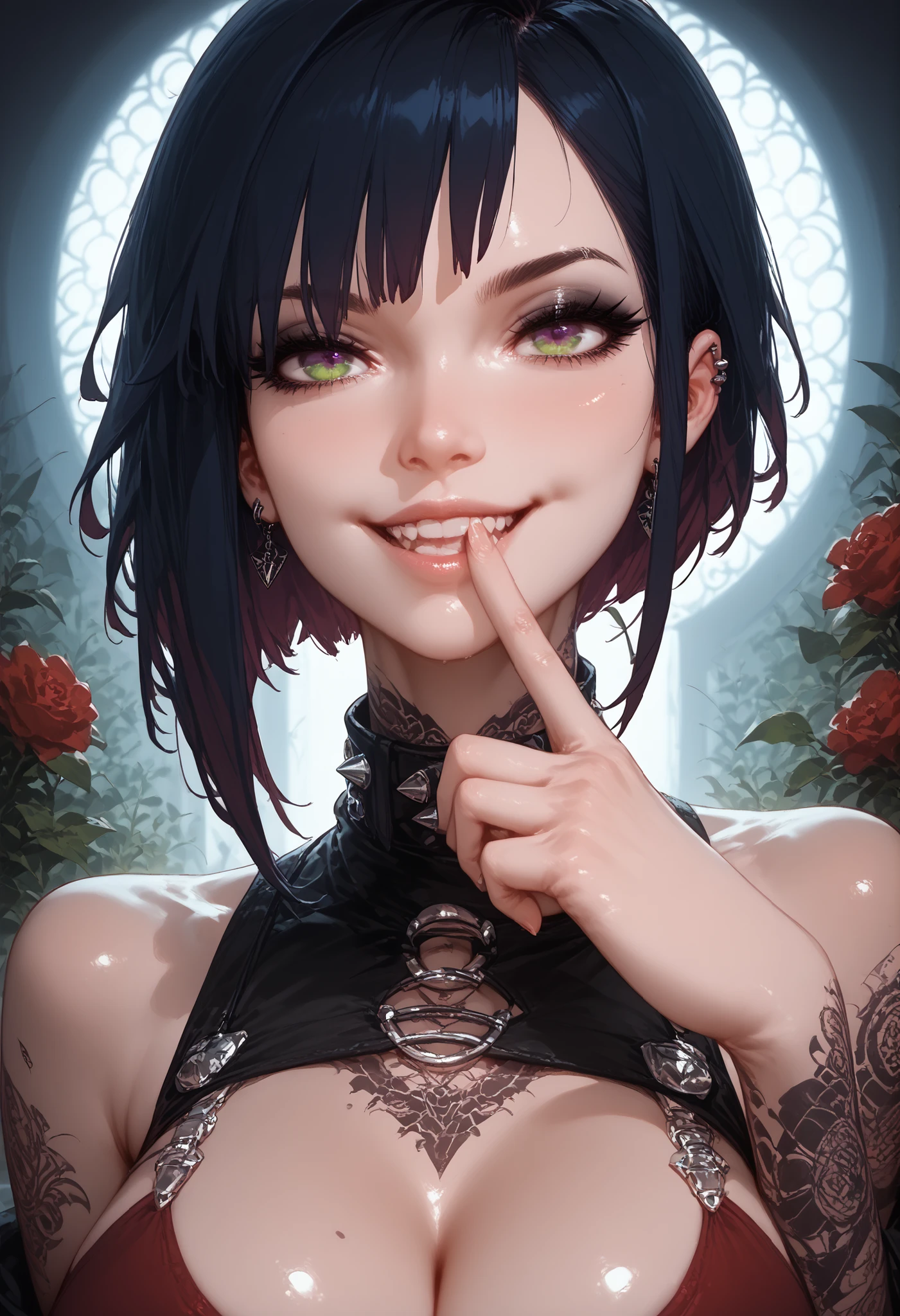finger in own mouth,woman, goth, green eyes, short hair, undercut hair,sexy,good body,curvy,Shine,Posing in full growth,Black and red color of clothes,Body parts are visible,not naked,Attractive,evil smile,mystical atmosphere,Flirting with the audience,Bright purple eyes,Clear Elaboration of Details,Maximum Detail,high resolution,wallpaper,masterpiece,dark blue hair,The whole picture is clearly and clearly worked out,

