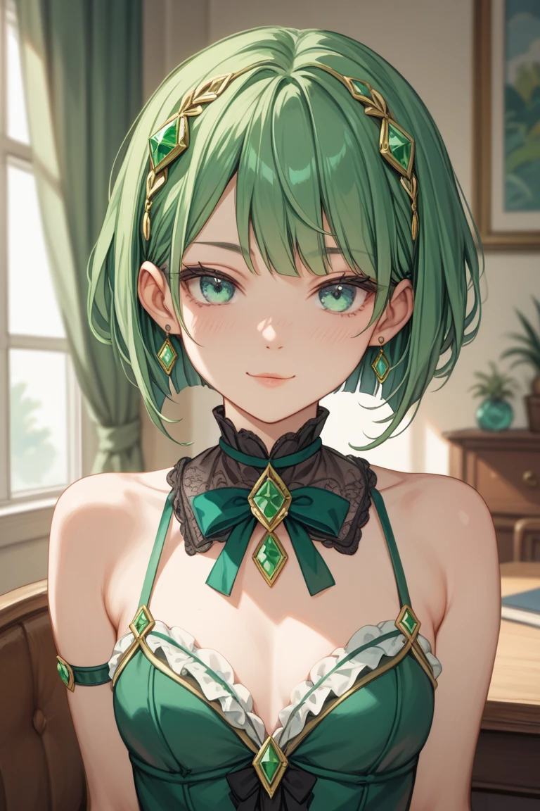 Photo from chest up,upper body up,in business,business woman,intellectual,smile,short hair,Emerald hair,short hair,green hair,white jacket,laughter,30 years,drooling eyes, alone,know,Flow of hair that extends to the face,bangs between eyeliner hair,High resolution, Bright and clear, Big light blue eyes shine charmingly,green one piece,eyeliner,Shining white skin,(Ultra Real), (figure), (High resolution), (In 8K), (very detailed), (Best figure), (Beautiful quality with attention to detail), (super detailed), (wallpaper), (detailed face), ultra realistic 3d illustration, ultra realistic picture, hyper - realistic render, hyper-realistic render, realistic render ,(Ultra Real), (figure), (High resolution), (In 8K), (very detailed), (Best figure), (Beautiful quality with attention to detail), (super detailed), (wallpaper), (detailed face)