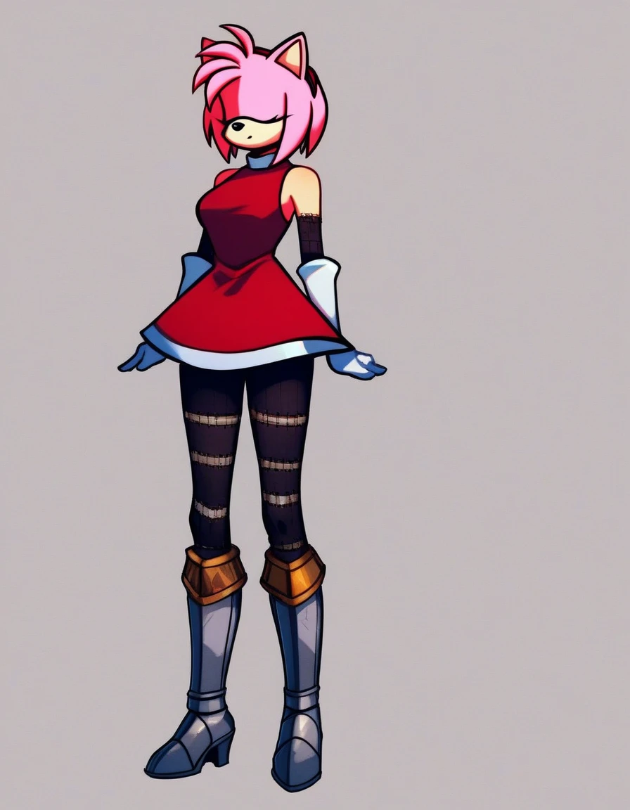 Amy_AltEXE, 1girl, solo, short hair, gloves, dress, animal ears, bare shoulders, medium breasts, standing, full body, pink hair, sidelocks, boots, detached sleeves, sleeveless, elbow gloves, white gloves, short dress, red dress, knee boots, furry, faceless, furry female, stitches, animal nose, faceless female, pink fur, resembling amy rose, pink spiky hair, missing an eye. stitched details throughout outfit. wide black eye, sinister appearance, horror, one eye, wearing steel breast armor, wearing steel armor tassets, wearing steel hip tassets, wearing steel shoulder pauldrons, wearing steel arm armor, wearing steel leg armor, wearing steel armor, wearing knight armor, wearing full body steel armor, wearing full body knight armor, wearing steel knight armor, wearing full body steel knight armor