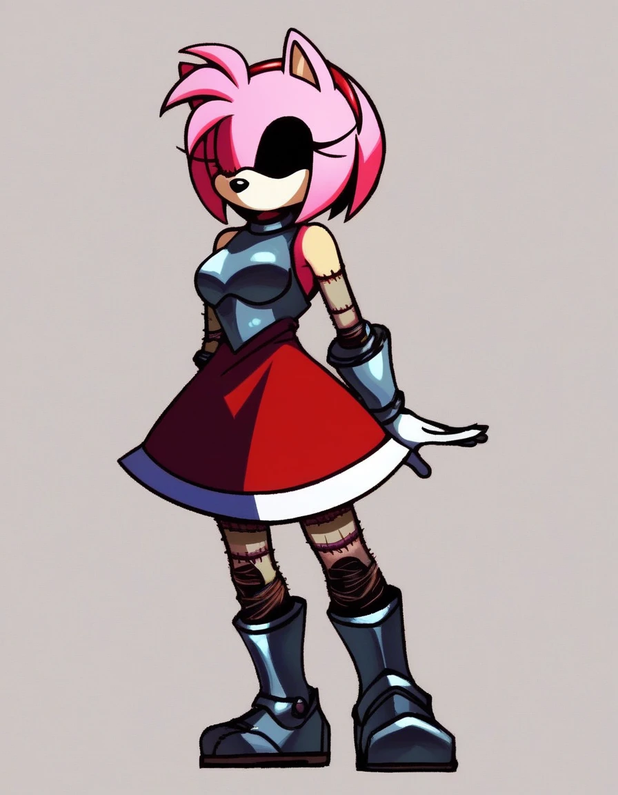 Amy_AltEXE, 1girl, solo, short hair, gloves, dress, animal ears, bare shoulders, medium breasts, standing, full body, pink hair, sidelocks, boots, detached sleeves, sleeveless, elbow gloves, white gloves, short dress, red dress, knee boots, furry, faceless, furry female, stitches, animal nose, faceless female, pink fur, resembling amy rose, pink spiky hair, missing an eye. stitched details throughout outfit. wide black eye, sinister appearance, horror, one eye, wearing steel breast armor, wearing steel armor tassets, wearing steel hip tassets, wearing steel shoulder pauldrons, wearing steel arm armor, wearing steel leg armor, wearing steel armor, wearing knight armor, wearing full body steel armor, wearing full body knight armor, wearing steel knight armor, wearing full body steel knight armor