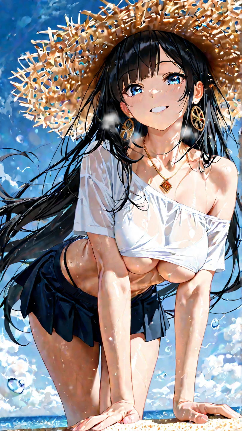 (Superflat, Flat Shading, Flat Color:1.1)、(Magazine Cover)、An illustration、(Asian boyish girl)、(cute:1.2)、Very beautiful 14 year old manga girl、Great smile、Blushing cheeks、(Skin with attention to detail: 1.2)、Photorealistic anime girl rendering、Realistic Anime 3D Style、cuteボブカット、Beautiful brown hair、Intense black eyes、Strong eye highlights、(Detailed、Mid-chest)、Perfect Anatomy、My hair is messy、Old-fashioned school swimsuit、((A torn and tattered school swimsuit))、White school swimsuit、((Wet))、From below、((from the front))、Showing off her school swimsuit、Small school swimsuit、Angle from the feet、From belowのアングル、((From below見上げるアングル、Showing crotch))、Volumetric lighting、Soft Light、bright、neon、Vibrant colors、Watercolor、
