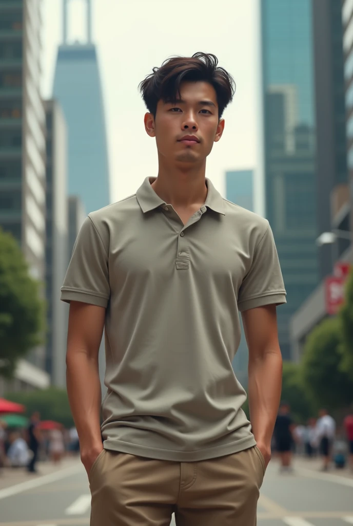 A handsome, muscular young Asian man looks at the camera. In a simple polo shirt black and yellow , car sunlight,