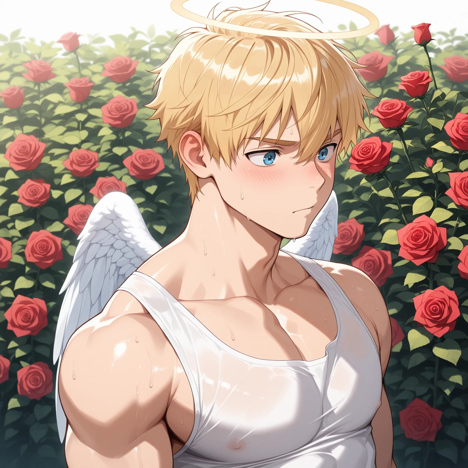 absurdres, highres, ultra detailed, HDR, master piece, best quality, Quincy, blonde hair, expressive amber eyes, Nu Carnival, solo, sexy man, handsome, horny, lewd, white robes, accessories, showing the chest, angel, angel wings, halo, fantasy, magical, white roses, white petals, garden, blue sky, altar