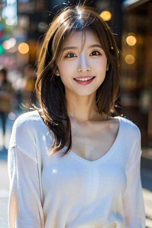 ((Highest quality, 8K, masterpiece:1.3)), concentrated:1.2, Beautiful woman with perfect figure:1.4,, ((Cut your hair in layers, Beautiful breasts:1.2)),(rain, street:1.3)，Highly detailed face and skin texture, Detailed eyes, double eyelid，Whitening the skin，Long white hair，smile,Five fingers