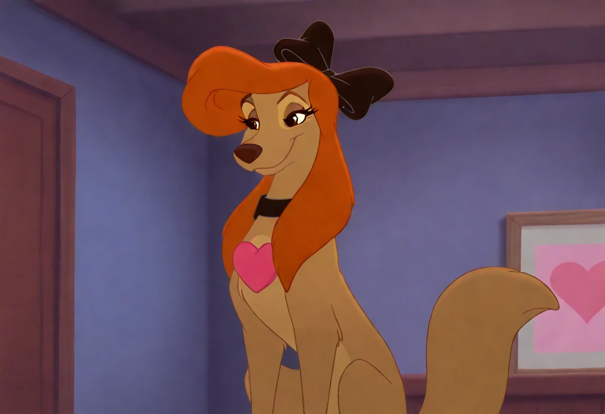 (by qupostuv35:1.2), female, (dixie dog:1.2), ((detailed background)), (solo:1.1), feral, beautiful detailed background, bow, (grin:1.3) <lora:Dixie_V2:0.7>