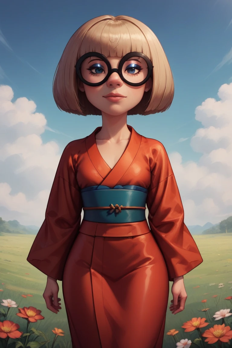 Edna mod. front view,  thoracic.  latex,  baby bodysuit , curvy hips, большой , giant ass , hair with locks,  eyeshadow, huge ,  baby bodysuit , on a flower field,  glove belt, duration, curved body, kimono, open clothes , short joint, short stature, neckline, open chest