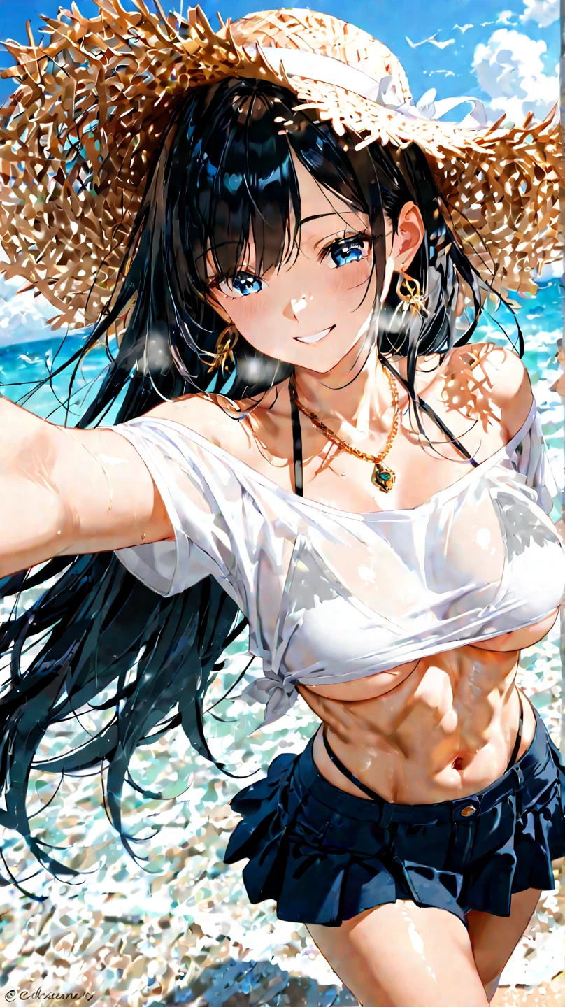 highest quality、realistic、girl、cowboy shot、look up、cute、Gray eyes、black hair、all back、Forehead is coming out、blown by the wind、Ocean、Orange Micro Bikini、joy、sunburn、Midsummer、Sweat、slender、Navel visible、smile
