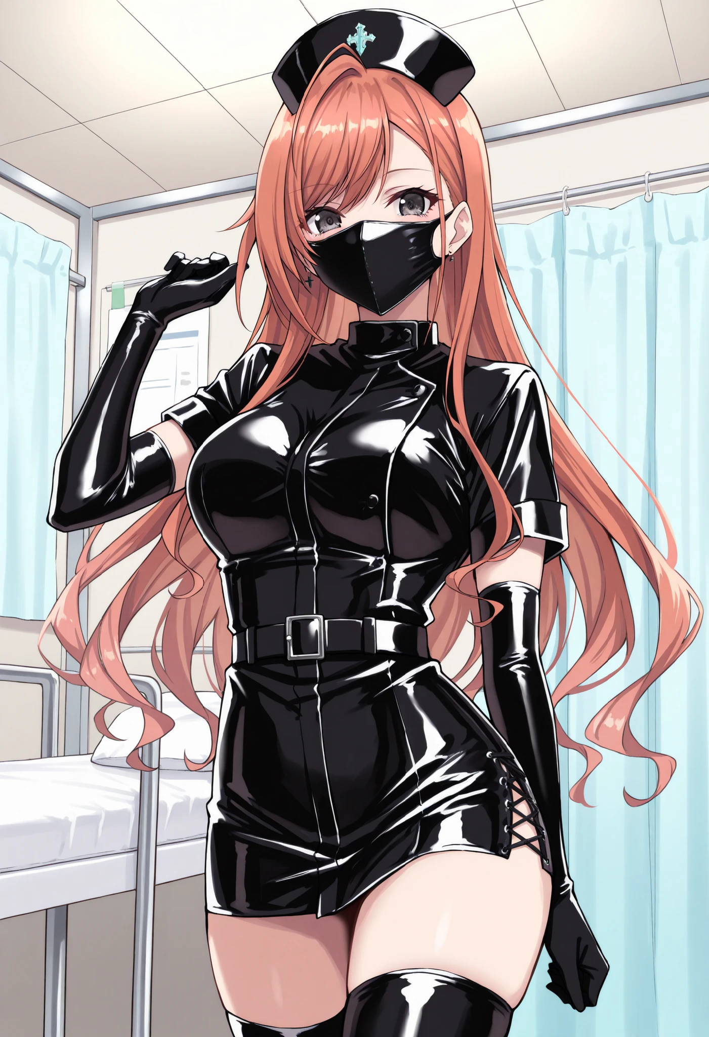 Score_9, score_8_up, score_7_up, source_anime, arisugawa natsuha, orange hair, long hair, swept bangs, black eyes, large breasts, enamel leather dark nurse, latex dress, black latex elbow gloves, black latex legwear, latex, latex skirt, (best quality), (high quality), {masterpiece}, extremely delicate and beautiful, ultra-detailed, beautiful detailed eyes, nurse, nurse hat, ((black nurse's outfit)), surgery room, black rubbermask, mask, mouth mask, standing