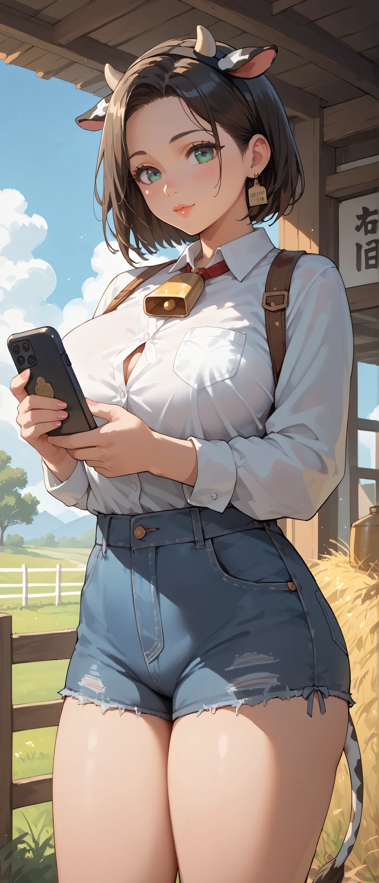 (Masterpiece, best quality:1.2), HD, (quality ultra detailed :1.2), 1 girl with big breasts, anime character with cow ears and a cow tail holding a mobile phone, cowgirl clothes