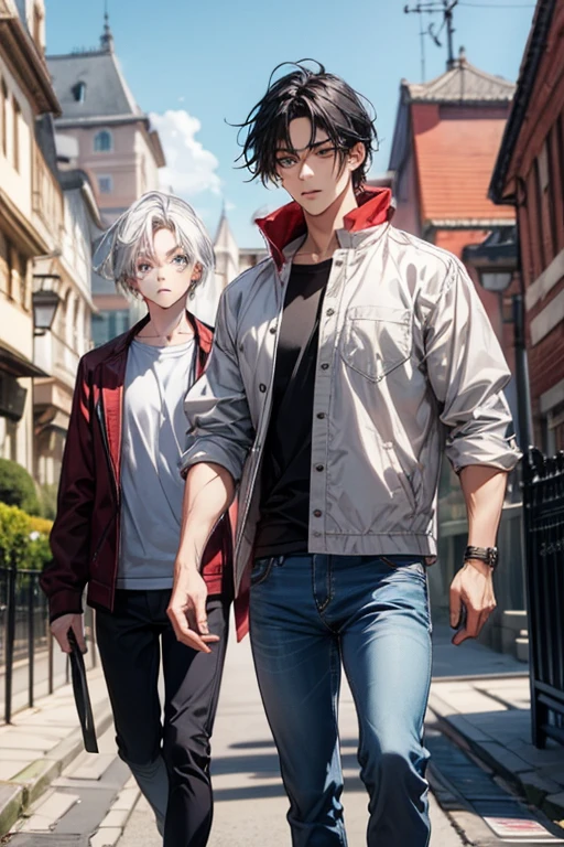 (Masterpiece), (best quality), ((super-detailed)), (shotaoni:1.5),((1 Child boy and 1 adult mature male)), (gay), looking at another, (The child boy in power)、Adult male obeying the orders of the child boy, Pompous and smug children,NY city boy