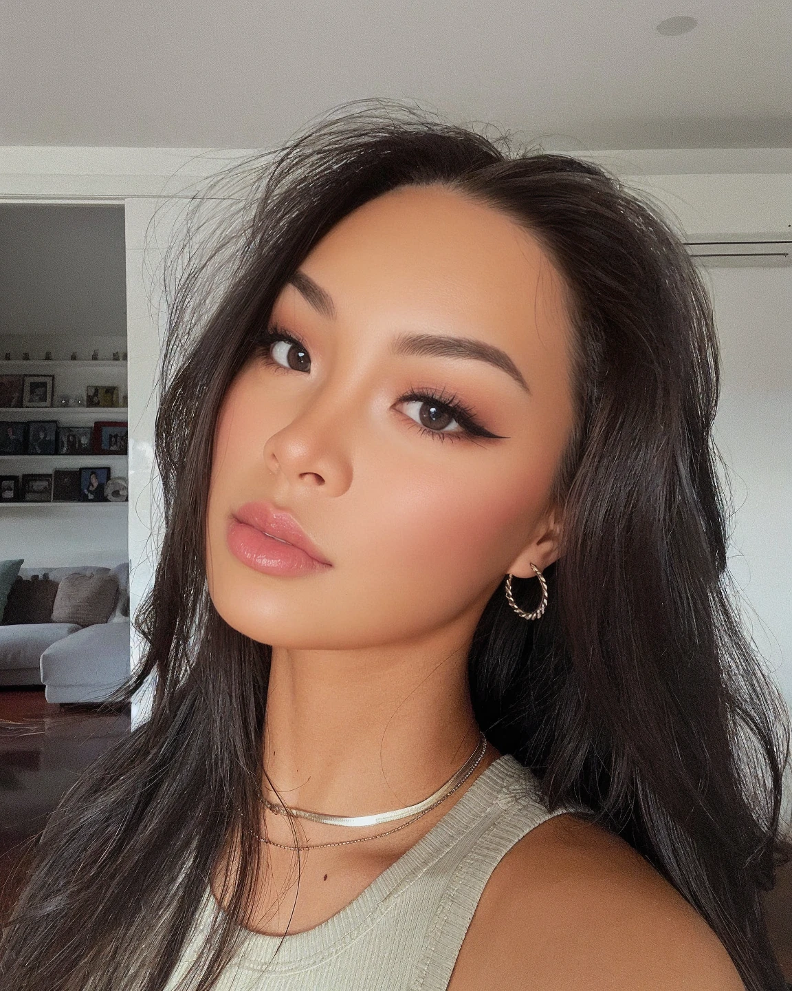 Gorgeous girl with a (dark brown hair) , wavy hair , shoulder-length hair , luxuriant eyes lashes ,brown lips , delicate nose and lips ,slim figure,medium breast ,(sexy),looking at camera , very detailed face ,(best quality, masterpiece ), (realistic, photo-realistic:1,37), top quality, masterpiece, a beautifull model,realistic ,35mm Vintage photo of, a supermodel with black hair, asian, on red carpet surrounded by aggressive paparazzi,  wearing black fashionable dressed ,beautiful and toned body, cleavage super model ultra realistic photo ,( seductive smiles with dimples ), (perfect body ) , full body shot, extremely detailed realistic photography (extremely detailed CG 8 k wallpaper), (an extremely delicate and beautiful), (masterpiece), (best quality:1.0), (ultra higher:1.0),  beautiful lighting ,perfect lightning, realistic shadows, [higher], detailed skin, ultra-detailed (((colorful))),high realistic, ,(super cute face) supermodel , masterpiece, best quality, high quality,(delicate eyes and lips ), random poses ,(slim figure) white skin , perfect full body shoot, Kodak photo,(full body shoot), movie style, dramatic scenes, best quality, red-carpet surrounded by fans taking photos ,best quality ,masterpiece high quality HD quality 