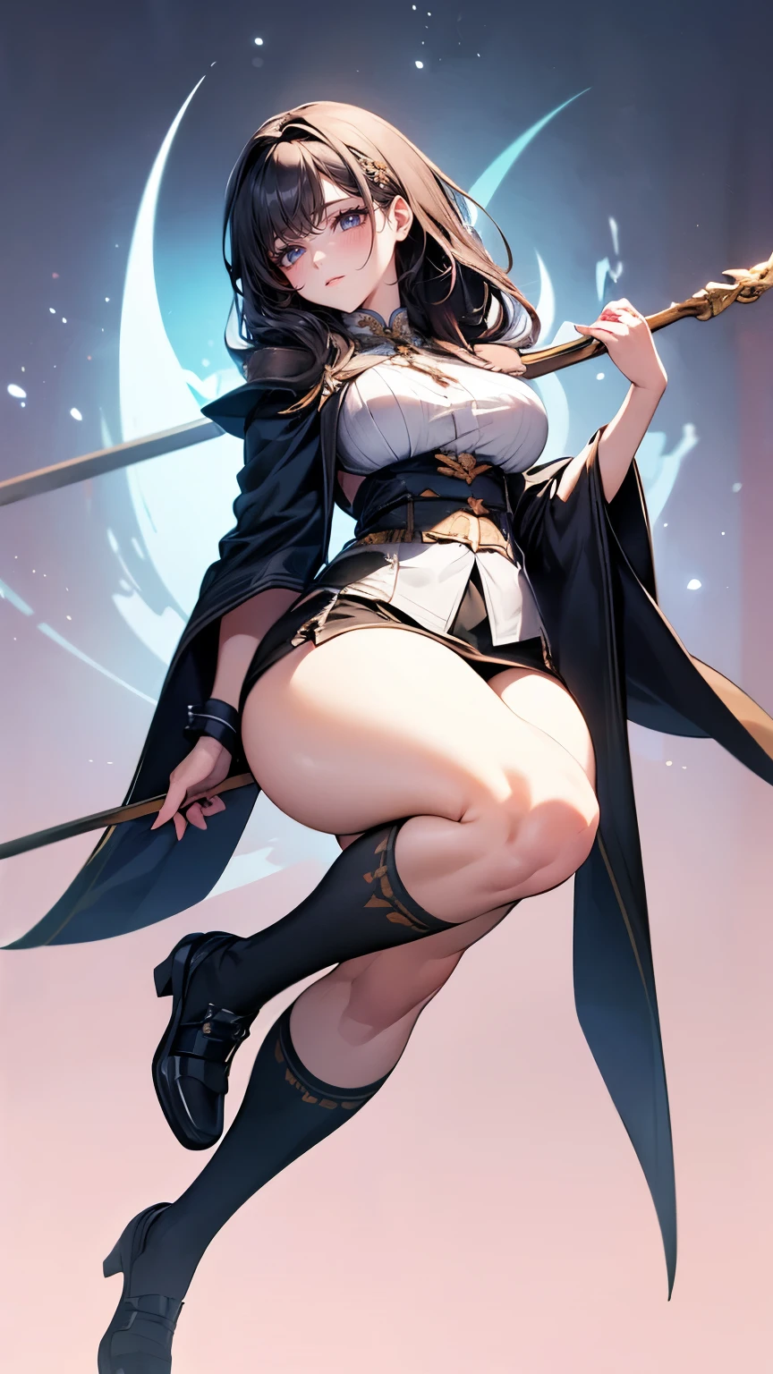 (masterpiece), best quality, female warrior, huge girl, female muscular:1.2, straight hair, black hair, massive breast, curvy, ((thick thighs:1.4)), (((blank background))), ((full body)), fingerless gloves, sandals, sleeveless, covered nipples, (underboobs:1.3), medium hair, thin hair, (very short skirt), blunt bangs
