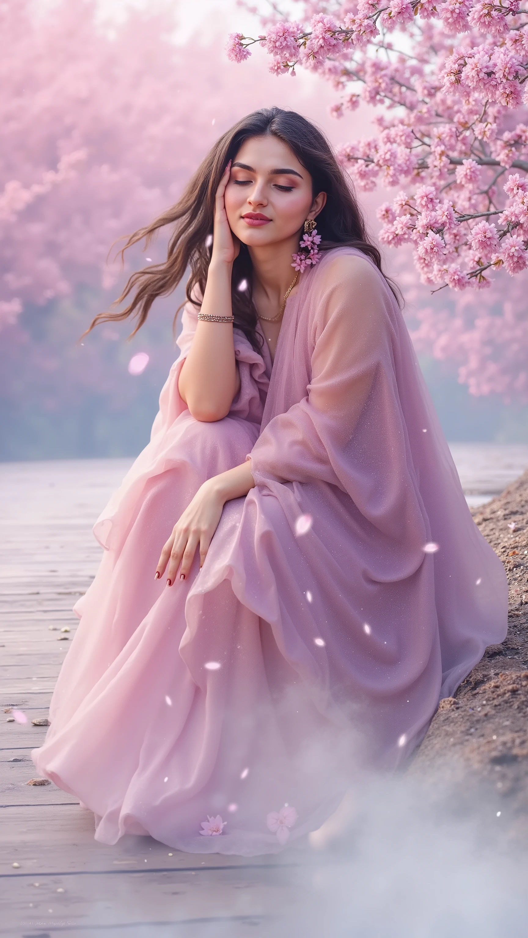 An ethereal woman floats weightlessly in a dreamlike landscape, wrapped in a flowing, cloud-like cloak of pastel cherry blossoms in varying stages of bloom—buds, open petals, and fallen flowers swirling gently around her. Her expression is calm and introspective, her long black hair softly tangled with tiny blossoms and trailing like smoke. The entire scene has a painterly quality, with watercolor textures and a soft lavender and peach sky fading into white mist. Cherry blossom trees in the background are blurry and abstract, adding to the surrealism. The lighting is ambient and diffused, giving the flowers and her skin a soft, luminous quality, while golden pollen particles float through the air