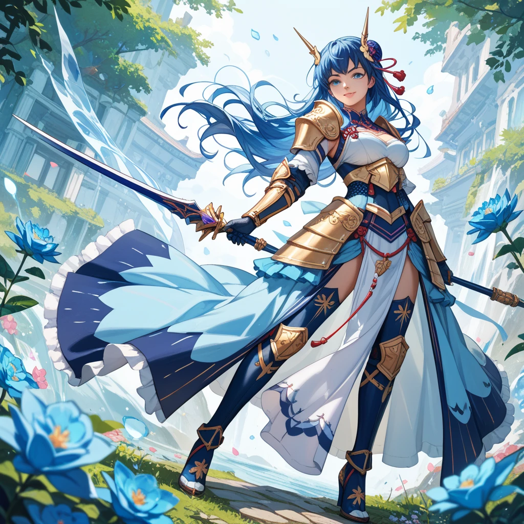 alone, 1 girl, sinonsolus, keep, arms, Focus on women, Cape, armor, Sacred Bow Annihilate Ray, Handguard, breastplate, full armor,Thigh High High Heel Boots, Cherry blossoms bloom all over the ground,Background of falling cherry blossom petals (((masterpiece))), ((highest quality)), ((Intricate details)) (8k)