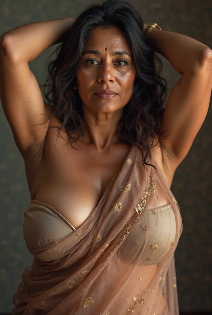 Looks like a porn performer, photo portrait of a 58-years-old mature woman indonesian naked with skin head, dramatic light, Rembrandt lighting scheme, Gigantic Breasts: 198.6, Droopiest breasts, PP Cup breasts, Lying down to sleep in bedroom with thighs and legs open ready for sex, living room of poor Indonesian family, high quality editorial photo, skin texture, skin pores, chocolate skin, high quality skin, high quality photography, professional photography, professional retouching, superb details, warm and moody colors