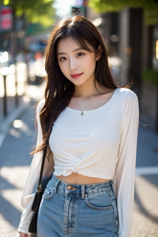 (8K,RAW photo、RAW photo、top-quality、tmasterpiece:1.2)、ultra - detailed、Super resolution、(Photorealsitic:1.3)、From the angle of shooting from the front、Draw light shadows clearly、high resolution RAW color photos、professional photoshooting、Same skin type as humans、Female proofreading of Japan from head to waist、blur backgroun、Faithfully draw anatomy、coffeehouse、very detailed and beautiful、Ultra-high image quality、Long、Hair swaying and sexy、very detailed beautiful girls、（Pink Eye Shadow）、ssmile、Plain clothe、from waist up、Park on a sunny day、Loose curls、Brown hair、Fluffy clothes、smartphone