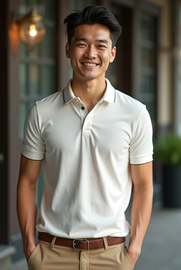 cinematic photo . 35mm photograph, film, bokeh, professional, 4k, highly detailed,A man standing in front of some flowering plants, polo shirt, dark suit, country, contemporary realism portrait photography, genderless, Sony Alpha a7 iii, waves, folk portrait, Asian man, shy, smile,medium shot