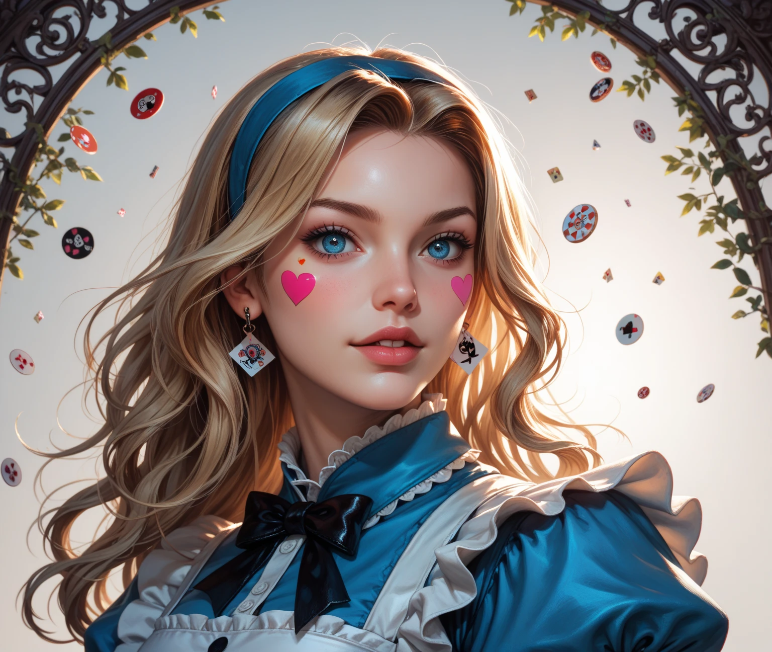 a beautiful 20 year old blonde woman with big messy hair in a blue dress, white stockings, black headband, cleavage, holding a glowing mushroom, fantasy art style, rossdraws cartoon vibrant, alice x. zhang, alice in wonderland cyberpunk, cute detailed digital art, colorfull digital fantasy art, digital fantasy art ), glossy digital painting, rossdraws pastel vibrant, rossdraws 2. 5, rossdraws 1. 0