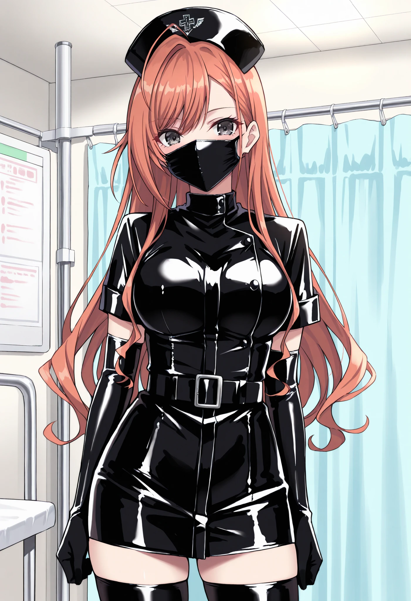 Score_9, score_8_up, score_7_up, source_anime, arisugawa natsuha, orange hair, long hair, swept bangs, black eyes, large breasts, enamel leather dark nurse, latex dress, black latex elbow gloves, black latex legwear, latex, latex skirt, (best quality), (high quality), {masterpiece}, extremely delicate and beautiful, ultra-detailed, beautiful detailed eyes, nurse, nurse hat, ((black nurse's outfit)), surgery room, black rubbermask, mask, mouth mask, standing