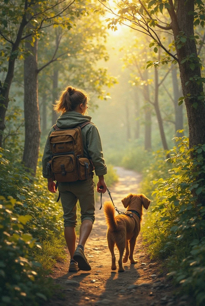 “A brave with a backpack and a cute dog walking through a forest path at sunrise – adventure vibe”