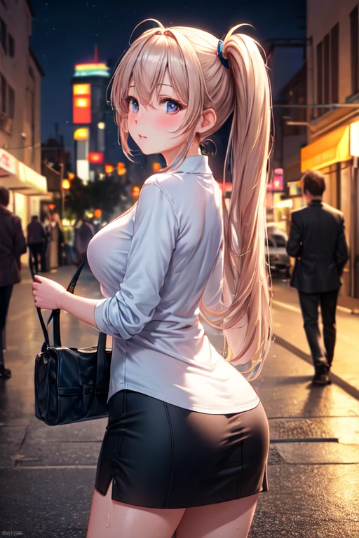obra de arte, melhor qualidade, HuTaoV4, 1 garota, Sozinho, corar, twintails, Cabelo longo, cabelo entre os olhos, ((roupas de rua)), cidade, ao ar livre, noite, 8K extremamente detalhado, suave, high resolution, ultra qualidade, cinematic lighting, Ambient Occlusion, High definition, 2k, 4K, 8k, 16K, anime extremamente detalhado, rostos detalhados, perfect composition, plano amplo, Atmospheric lighting, bunda grande, saia elevadora, saia curta, muito sexy