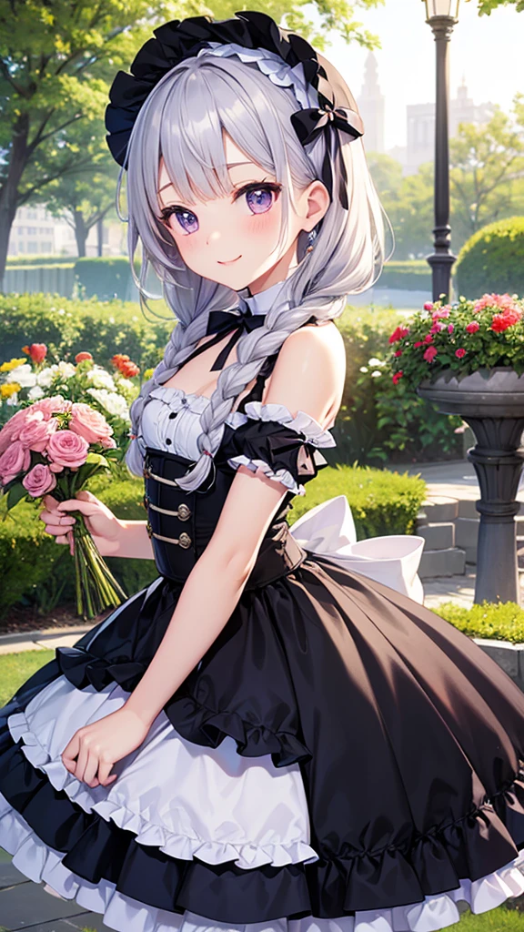 Silver Hair、blue eyes、girl、Small breasts、Twin tails、girl、Small breasts、Lolita、Bright smile、Looks about 15 years old、Petan Musume、Short、目のhighlight、Sexy thighs、Flower Garden、color々The flowers are still blooming、bouquet、Mine-based costumes、Your eyes are so beautiful、highlight
