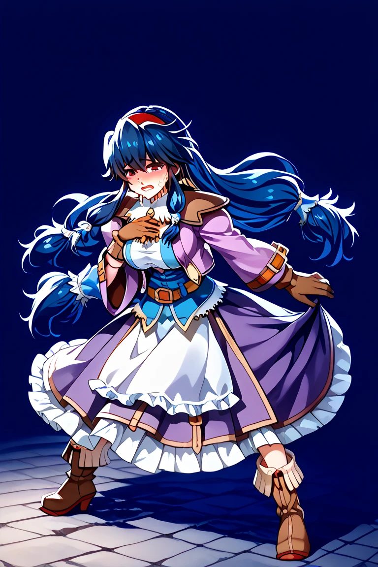one girl on her back , ((solo)) , masterpiece , Best Quality , uncensored , Anastasia Lun Valeria , Wild Arms , (((dark blue hair))) , very long hair , pigtails , Undertwintail , law twintail ,  low-tied long hair , hair tubes, sidelocks , Lady of the Sword , Shoulder Armor , belt , Long sleeves ,  sleeve garter  , Wide sleeves , gloves , 茶色のgloves , long skirt , purple skirt over eyes , ruffle skirt , fold-over boots , ((淡い紫色の dress)) , ((pale purple sleeve)) ,  dress , white apron , red hair band , Teardrop , (((exposes her chest))) , (((Half naked))) , ((((sex)))) , Sexual Behavior , normal , doggy style from mi , Big Breasts , ejaculate , cries ,  toro face , is shy , sensitive , red eyes ,  beauty , beautiful , older sister , cover , Embarrassing , thighs , ((rapes)) , rape ,  Rape , face to face ,