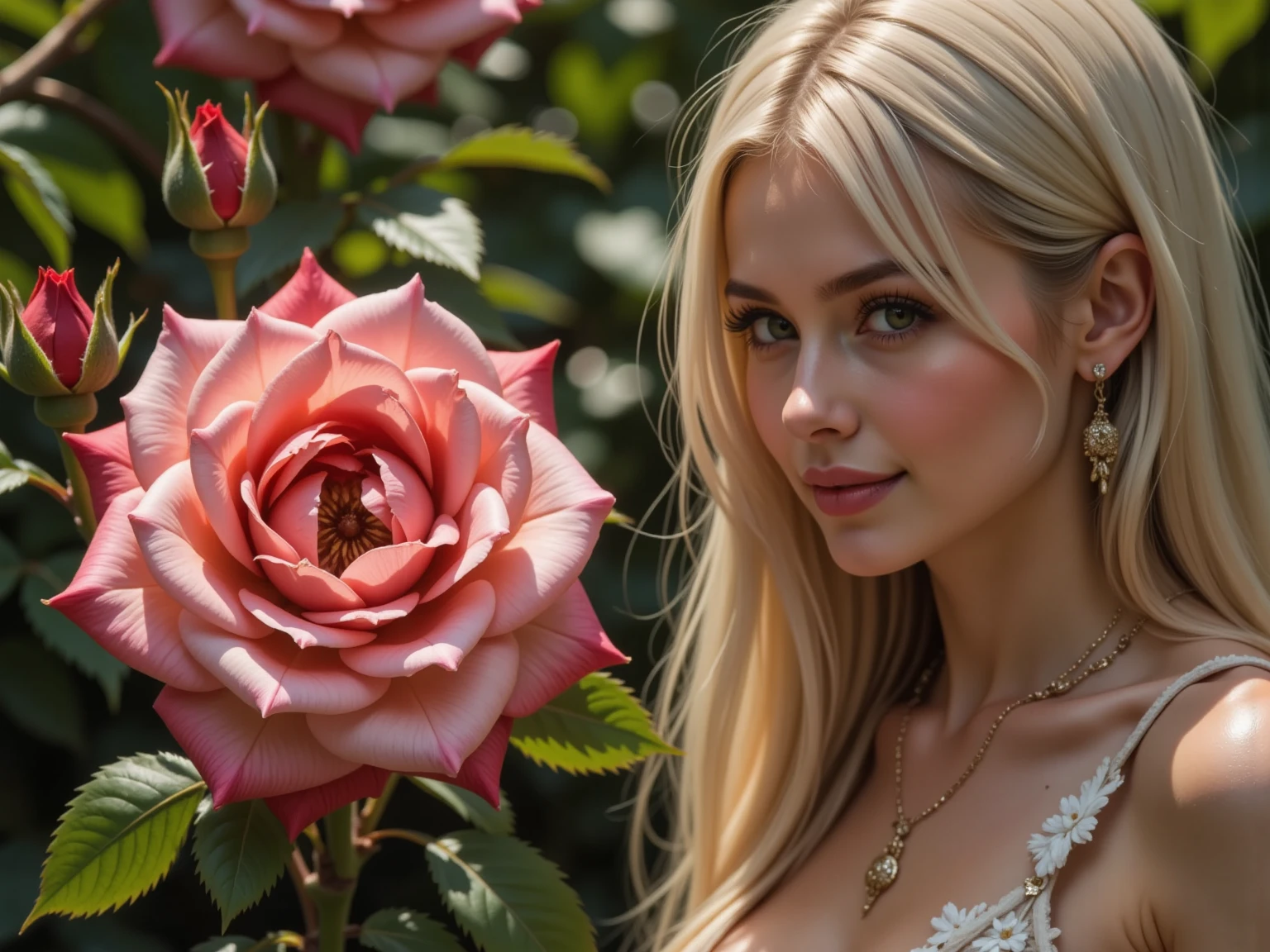 A 23-year-old blonde woman, ((pechos grandes)), ((hiperrealismo)) ,. blonde hair with light brown roots. cabello rubio, Hair with brown roots, cabello extra largo, cabello muy largo, really long hair, Beautiful, Front view, selfie, photo taken with iPhone, elegant red dress with escote, escotada, selfie in the rose garden at night, high quality, selfie iPhone, cleavage